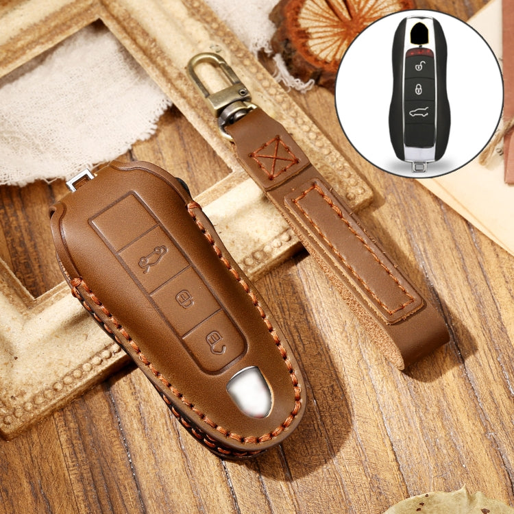 Hallmo Car Cowhide Leather Key Protective Cover Key Case for Porsche Macan 718 2021 A Style(Brown) - Car Key Cases by Hallmo | Online Shopping South Africa | PMC TechLife | Buy Now Pay Later Mobicred