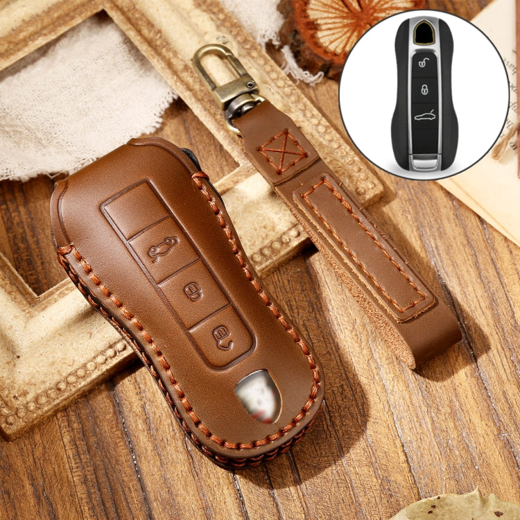 Hallmo Car Cowhide Leather Key Protective Cover Key Case for Porsche Macan 718 2021 B Style(Brown) - Car Key Cases by Hallmo | Online Shopping South Africa | PMC TechLife | Buy Now Pay Later Mobicred