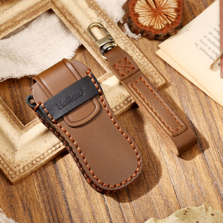 Hallmo Car Cowhide Leather Key Protective Cover Key Case for Porsche Macan 718 2021 B Style(Brown) - Car Key Cases by Hallmo | Online Shopping South Africa | PMC TechLife | Buy Now Pay Later Mobicred