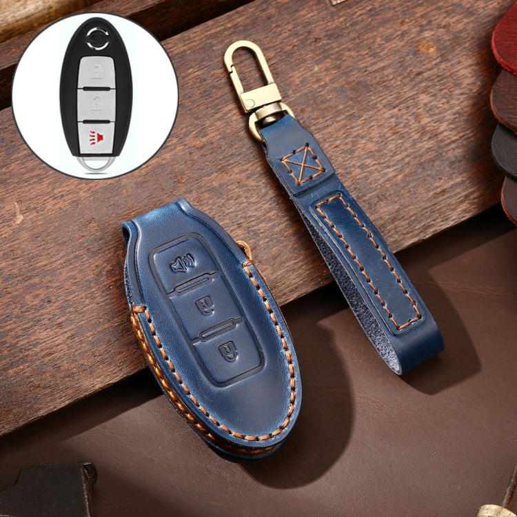 Hallmo Car Cowhide Leather Key Protective Cover Key Case for Nissan Sylphy 3-button Horn(Blue) - Car Key Cases by Hallmo | Online Shopping South Africa | PMC TechLife | Buy Now Pay Later Mobicred