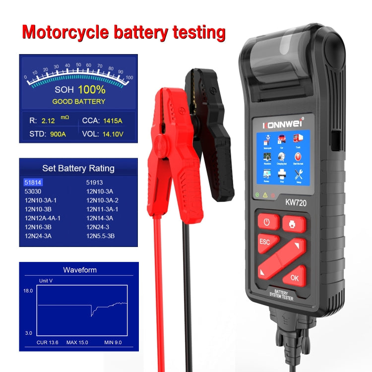 KONNWEI KW720 Car 3.2 inch 6V-24V Lead-acid Battery Tester with Printer - free shipping - PMC TechLife - Order now!