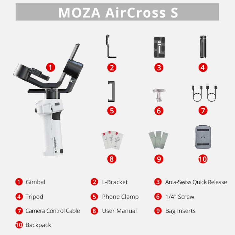 MOZA AirCross S 3 Axis Foldable Handheld Gimbal Stabilizer for DSLR Cameras and Smart Phone (White) - Handheld Gimbals by MOZA | Online Shopping South Africa | PMC Jewellery | Buy Now Pay Later Mobicred