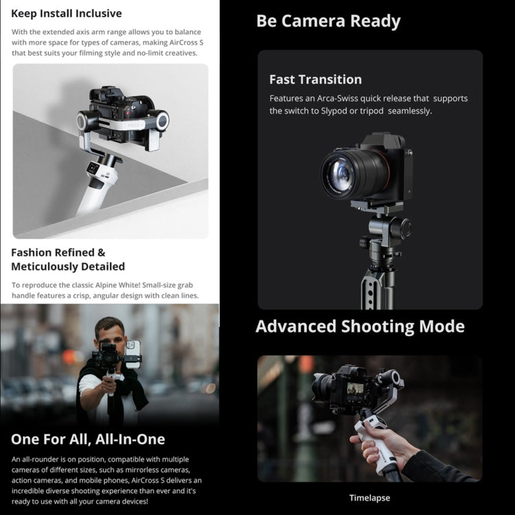 MOZA AirCross S 3 Axis Foldable Handheld Gimbal Stabilizer for DSLR Cameras and Smart Phone (White) - Handheld Gimbals by MOZA | Online Shopping South Africa | PMC Jewellery | Buy Now Pay Later Mobicred