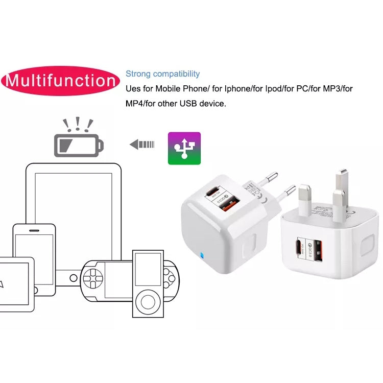 YSY-6087 20W PD + QC 3.0 Dual Ports Travel Charger Power Adapter, EU Plug - USB Charger by PMC Jewellery | Online Shopping South Africa | PMC Jewellery