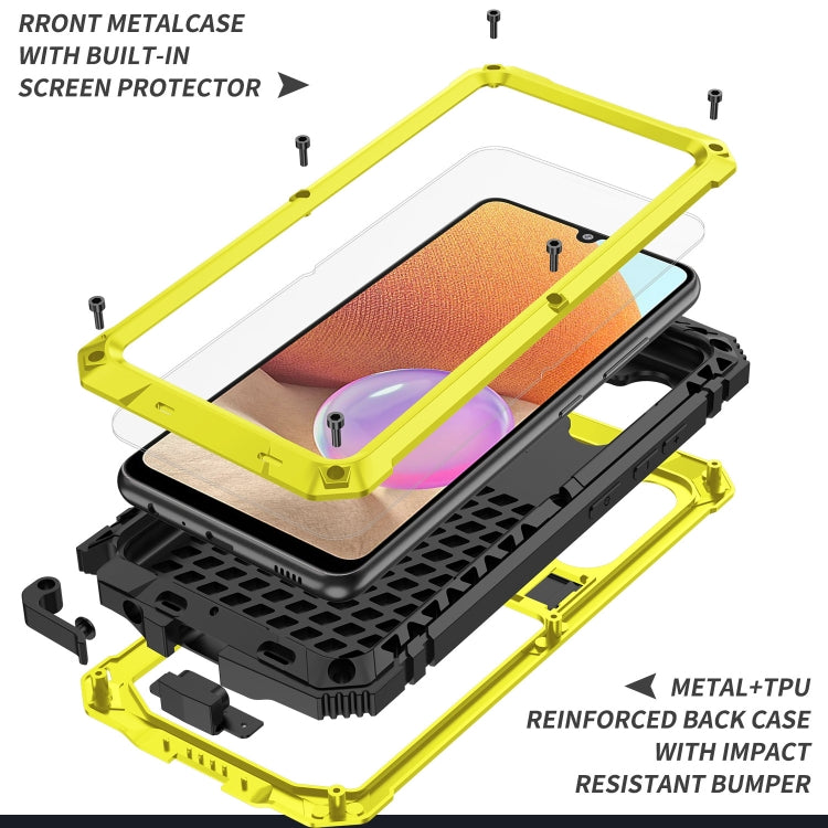 For Samsung Galaxy A32 4G R-JUST Waterproof Shockproof Dustproof Metal + Silicone Protective Case with Holder(Yellow) - Galaxy Phone Cases by R-JUST | Online Shopping South Africa | PMC TechLife | Buy Now Pay Later Mobicred