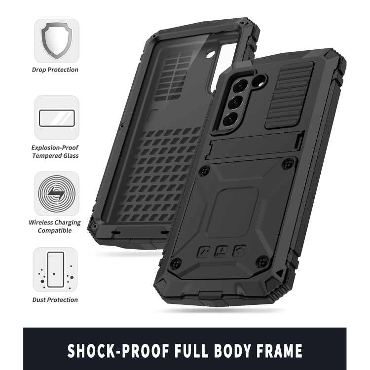 For Samsung Galaxy S21 FE R-JUST Shockproof Waterproof Dust-proof Metal + Silicone Protective Case with Holder(Black) - Galaxy Phone Cases by R-JUST | Online Shopping South Africa | PMC TechLife | Buy Now Pay Later Mobicred