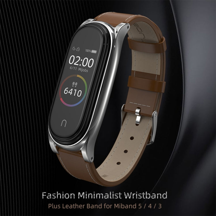 For Xiaomi Mi Band 6 / 5 / 4 / 3 Mijobs First Layer Cowhide Plus Watch Band(Brown Silver) - Watch Bands by MIJOBS | Online Shopping South Africa | PMC TechLife | Buy Now Pay Later Mobicred