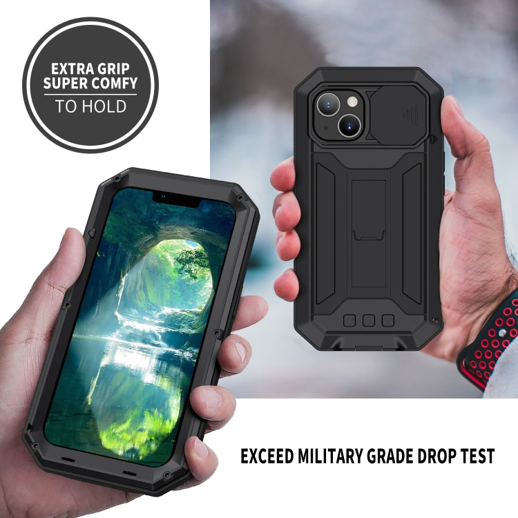 For iPhone 13 R-JUST Sliding Camera Shockproof Life Waterproof Dust-proof Metal + Silicone Protective Case with Holder(Black) - iPhone 13 Cases by R-JUST | Online Shopping South Africa | PMC TechLife | Buy Now Pay Later Mobicred