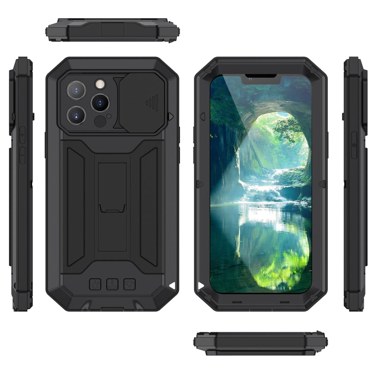 For iPhone 13 Pro R-JUST Sliding Camera Shockproof Life Waterproof Dust-proof Metal + Silicone Protective Case with Holder (Black) - iPhone 13 Pro Cases by R-JUST | Online Shopping South Africa | PMC TechLife | Buy Now Pay Later Mobicred