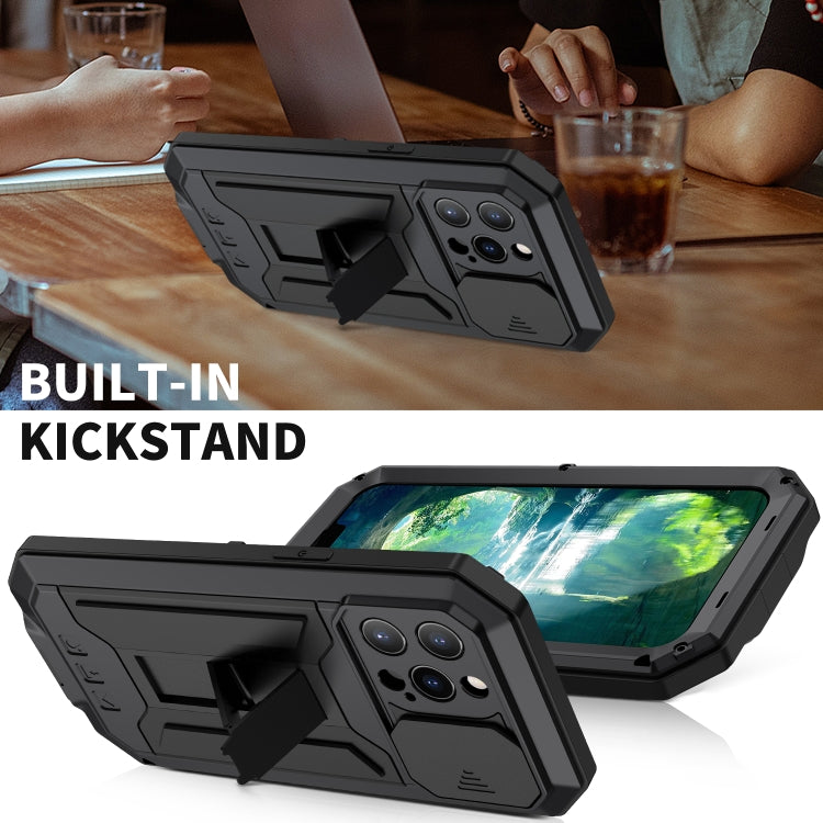 For iPhone 13 Pro R-JUST Sliding Camera Shockproof Life Waterproof Dust-proof Metal + Silicone Protective Case with Holder (Black) - iPhone 13 Pro Cases by R-JUST | Online Shopping South Africa | PMC TechLife | Buy Now Pay Later Mobicred