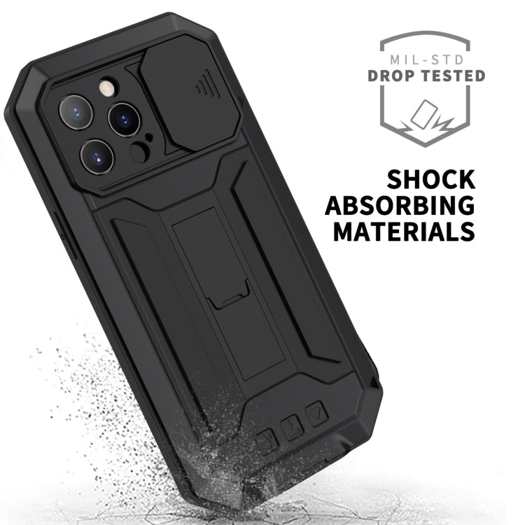 For iPhone 13 Pro R-JUST Sliding Camera Shockproof Life Waterproof Dust-proof Metal + Silicone Protective Case with Holder (Black) - iPhone 13 Pro Cases by R-JUST | Online Shopping South Africa | PMC TechLife | Buy Now Pay Later Mobicred