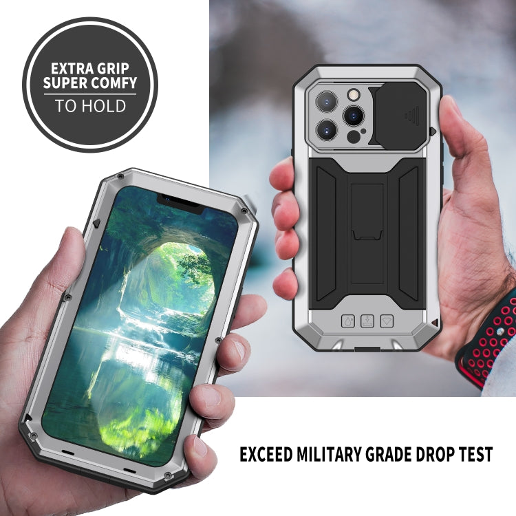 For iPhone 13 Pro R-JUST Sliding Camera Shockproof Life Waterproof Dust-proof Metal + Silicone Protective Case with Holder (Silver) - free shipping - PMC TechLife - Order now!