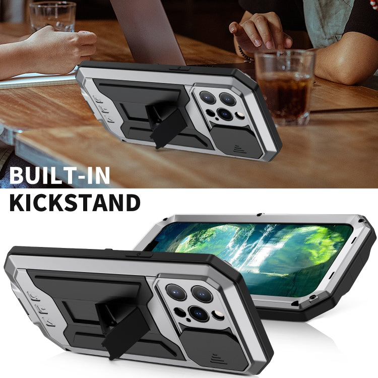 For iPhone 13 Pro R-JUST Sliding Camera Shockproof Life Waterproof Dust-proof Metal + Silicone Protective Case with Holder (Silver) - free shipping - PMC TechLife - Order now!