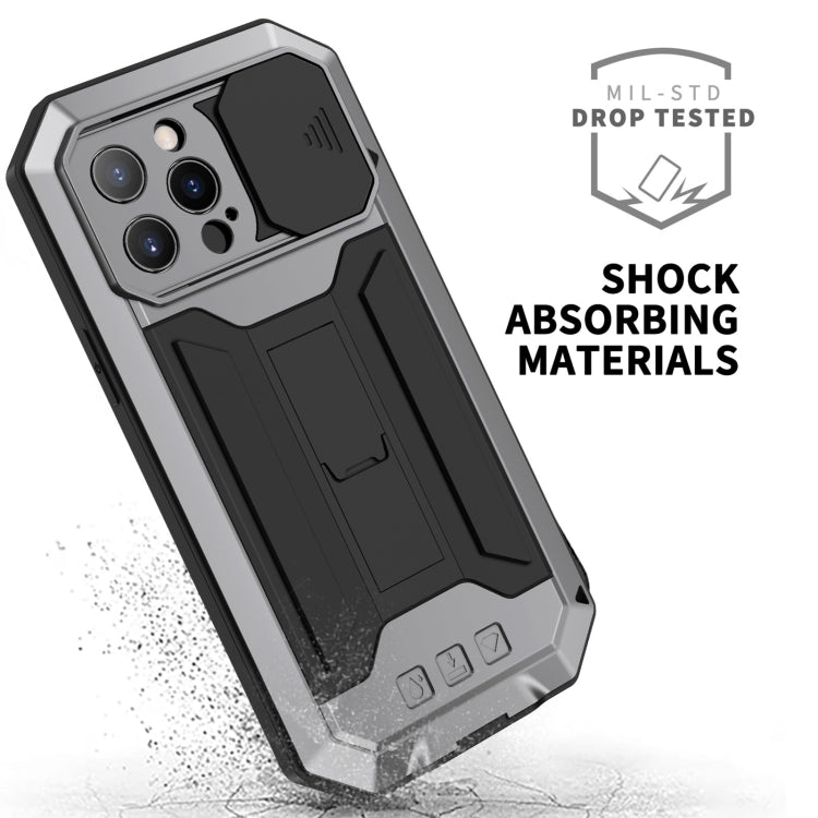 For iPhone 13 Pro R-JUST Sliding Camera Shockproof Life Waterproof Dust-proof Metal + Silicone Protective Case with Holder (Silver) - free shipping - PMC TechLife - Order now!