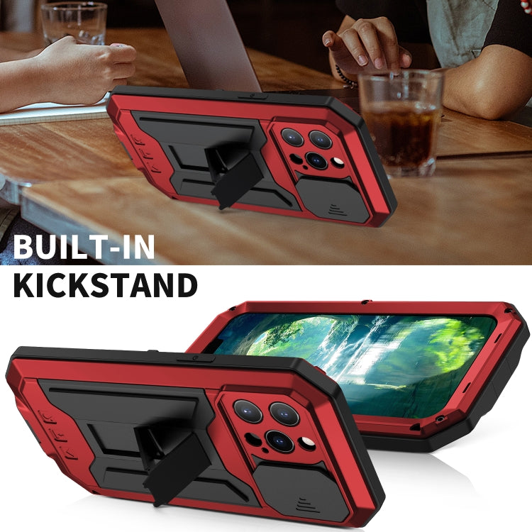 For iPhone 13 Pro Max R-JUST Sliding Camera Shockproof Life Waterproof Dust-proof Metal + Silicone Protective Case with Holder (Red) - iPhone 13 Pro Max Cases by R-JUST | Online Shopping South Africa | PMC TechLife | Buy Now Pay Later Mobicred