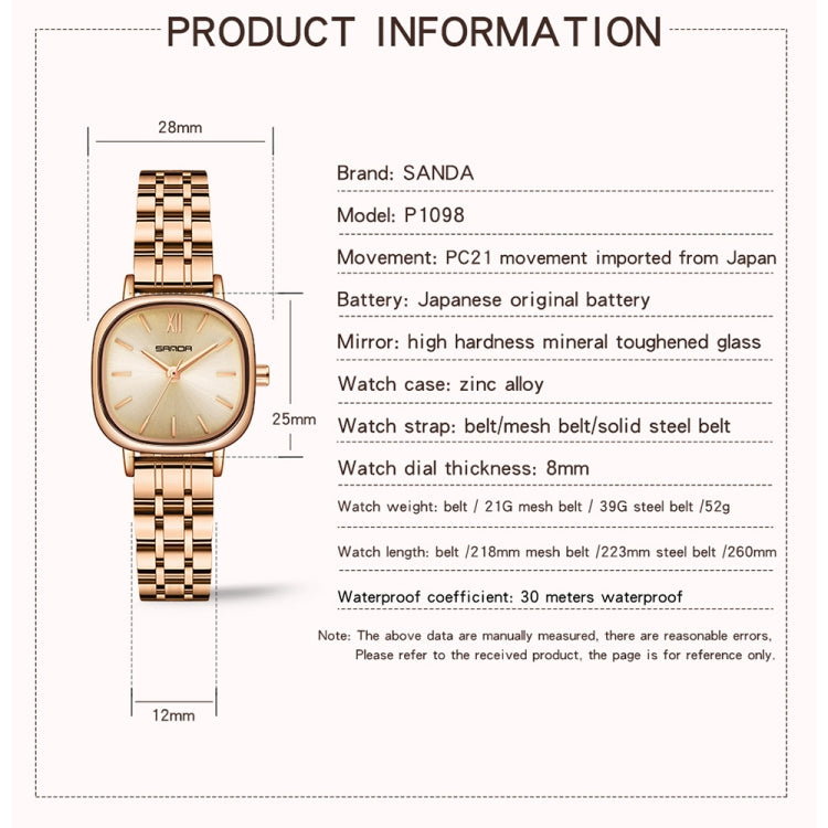 SANDA P1098 Simple Bar Scale Oval Dial Quartz Watch for Women(Belt Black) - Metal Strap Watches by SANDA | Online Shopping South Africa | PMC Jewellery | Buy Now Pay Later Mobicred