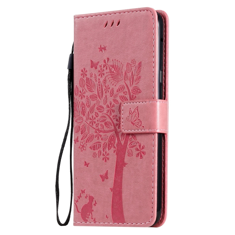 For LG G8X Tree & Cat Pattern Pressed Printing Horizontal Flip PU Leather Case with Holder & Card Slots & Wallet & Lanyard(Pink) - LG Cases by PMC TechLife | Online Shopping South Africa | PMC TechLife | Buy Now Pay Later Mobicred