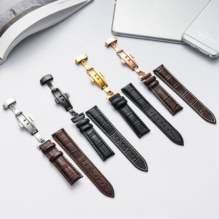 22mm Classic Cowhide Leather Gold Butterfly Buckle Watch Band(Black White Lines) - Watch Bands by PMC TechLife | Online Shopping South Africa | PMC TechLife | Buy Now Pay Later Mobicred