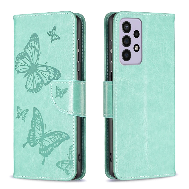 For Samsung Galaxy A73 5G Two Butterflies Embossing Leather Phone Case(Green) - Galaxy Phone Cases by PMC TechLife | Online Shopping South Africa | PMC TechLife | Buy Now Pay Later Mobicred