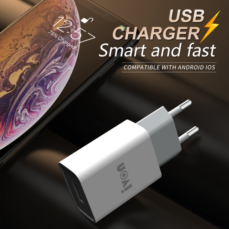 IVON AD-33 2 in 1 2.1A Single USB Port Travel Charger + 1m USB to 8 Pin Data Cable Set, EU Plug(White) - USB Charger by IVON | Online Shopping South Africa | PMC TechLife | Buy Now Pay Later Mobicred