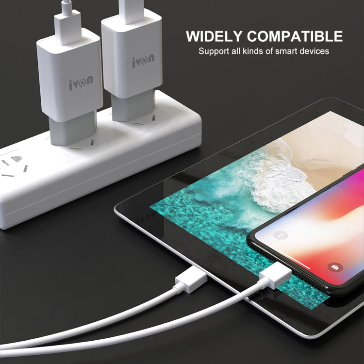 IVON AD-33 2 in 1 2.1A Single USB Port Travel Charger + 1m USB to 8 Pin Data Cable Set, EU Plug(White) - USB Charger by IVON | Online Shopping South Africa | PMC TechLife | Buy Now Pay Later Mobicred