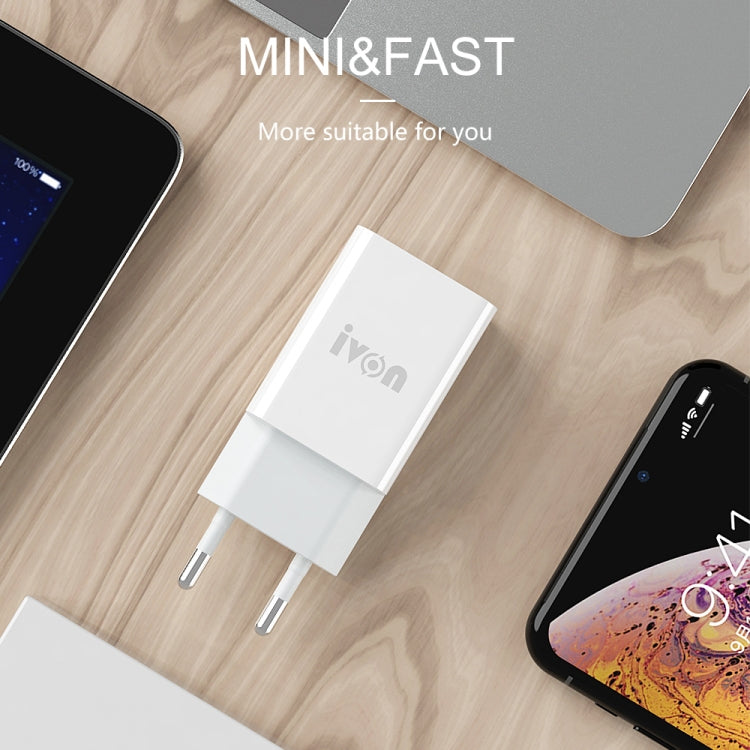 IVON AD-33 2 in 1 2.1A Single USB Port Travel Charger + 1m USB to 8 Pin Data Cable Set, EU Plug(White) - USB Charger by IVON | Online Shopping South Africa | PMC TechLife | Buy Now Pay Later Mobicred