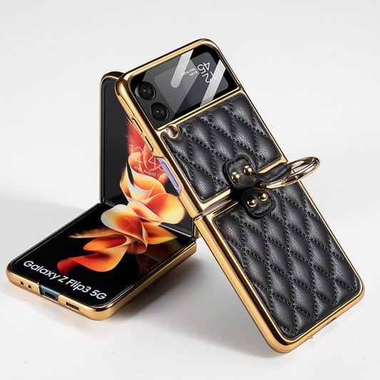 For Samsung Galaxy Z Flip3 5G GKK Integrated Plating + Leather Phone Case with Ring(Black) - Galaxy Phone Cases by GKK | Online Shopping South Africa | PMC Jewellery