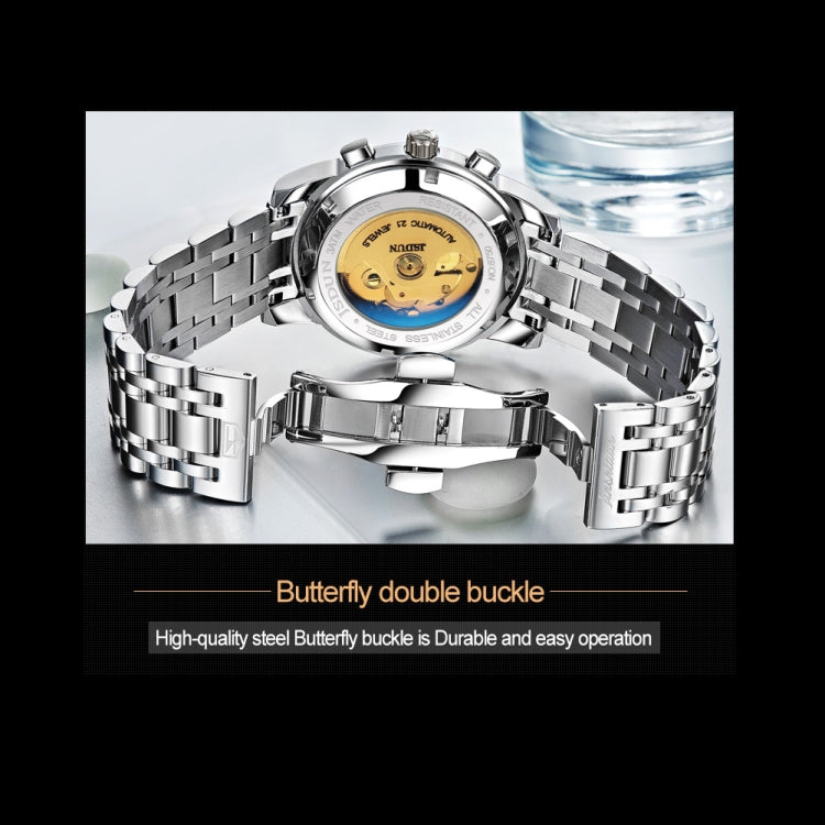 JIN SHI DUN 8750 Men Fashion Waterproof Luminous Mechanical Watch(Silver Blue) - Metal Strap Watches by JIN SHI DUN | Online Shopping South Africa | PMC Jewellery | Buy Now Pay Later Mobicred