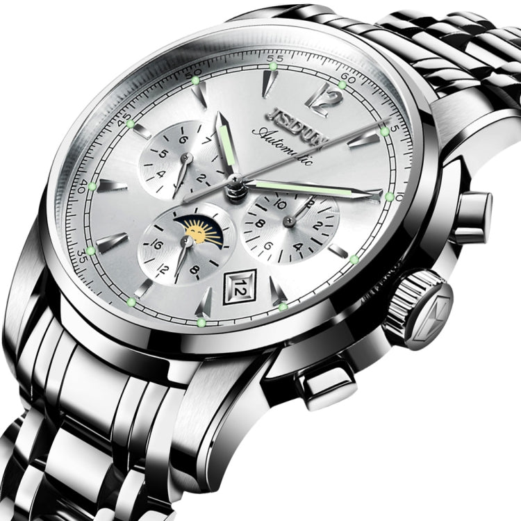 JIN SHI DUN 8750 Men Fashion Waterproof Luminous Mechanical Watch(Silver White) - Metal Strap Watches by JIN SHI DUN | Online Shopping South Africa | PMC Jewellery | Buy Now Pay Later Mobicred