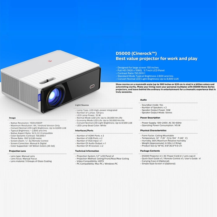 VIVIBRIGHT D5000 1920x1080P 420ANSI 6000Lumens LCD + LED HD Digital Projector, Basic Version UK Plug - LED Projector by VIVIBRIGHT | Online Shopping South Africa | PMC Jewellery