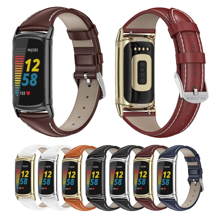 For Fitbit Charge 5 / Charge 6 Mijobs Genuine Leather Slim Watch Band(Coffee+Silver) - Watch Bands by MIJOBS | Online Shopping South Africa | PMC TechLife | Buy Now Pay Later Mobicred