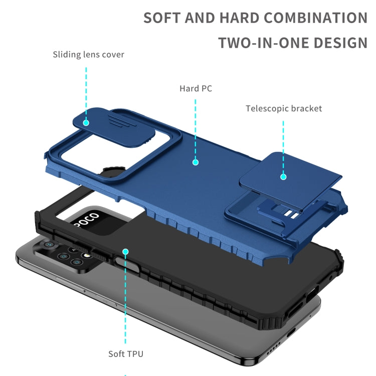 For Xiaomi Poco M4 Pro 4G Stereoscopic Holder Sliding Camshield Phone Case(Blue) - free shipping - PMC TechLife - Order now!