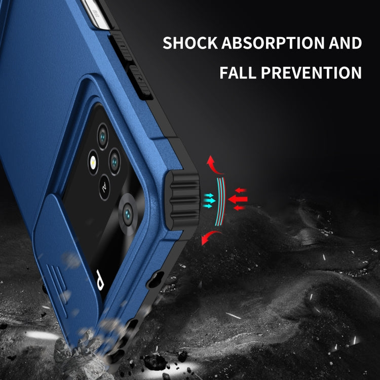 For Xiaomi Poco M4 Pro 4G Stereoscopic Holder Sliding Camshield Phone Case(Blue) - free shipping - PMC TechLife - Order now!