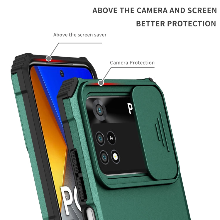 For Xiaomi Poco M4 Pro 4G Stereoscopic Holder Sliding Camshield Phone Case(Dark Green) - free shipping - PMC TechLife - Order now!