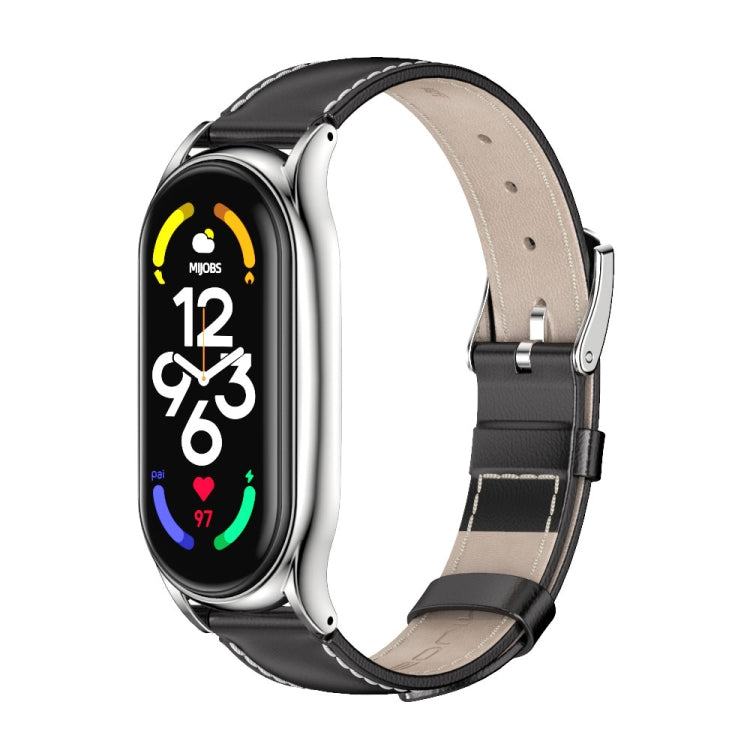 For Xiaomi Mi Band 7 / 7 NFC MIJOBS Plus Genuine Leather Watch Band(Black Silver) - Watch Bands by MIJOBS | Online Shopping South Africa | PMC TechLife | Buy Now Pay Later Mobicred