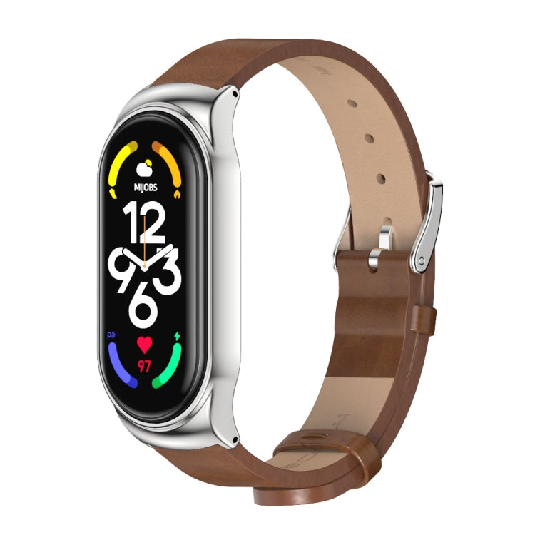 For Xiaomi Mi Band 7 / 7 NFC MIJOBS CS Metal Case + Microfiber Leather Watch Band(Brown Silver) - Watch Bands by MIJOBS | Online Shopping South Africa | PMC TechLife | Buy Now Pay Later Mobicred