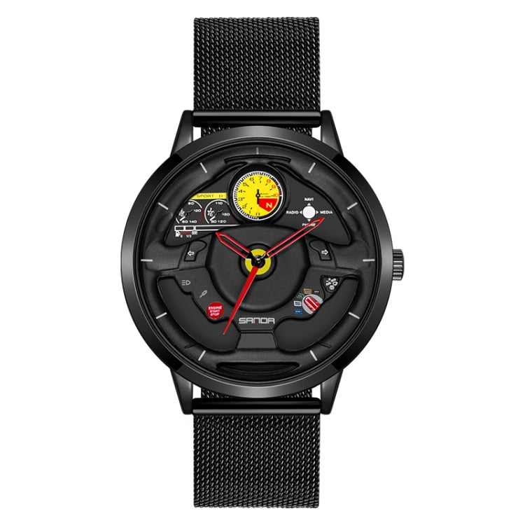 SANDA 1085 Steering Wheel Hollow Dial Waterproof Quartz Watch, Style:Mesh Band(Black) - Metal Strap Watches by SANDA | Online Shopping South Africa | PMC Jewellery | Buy Now Pay Later Mobicred