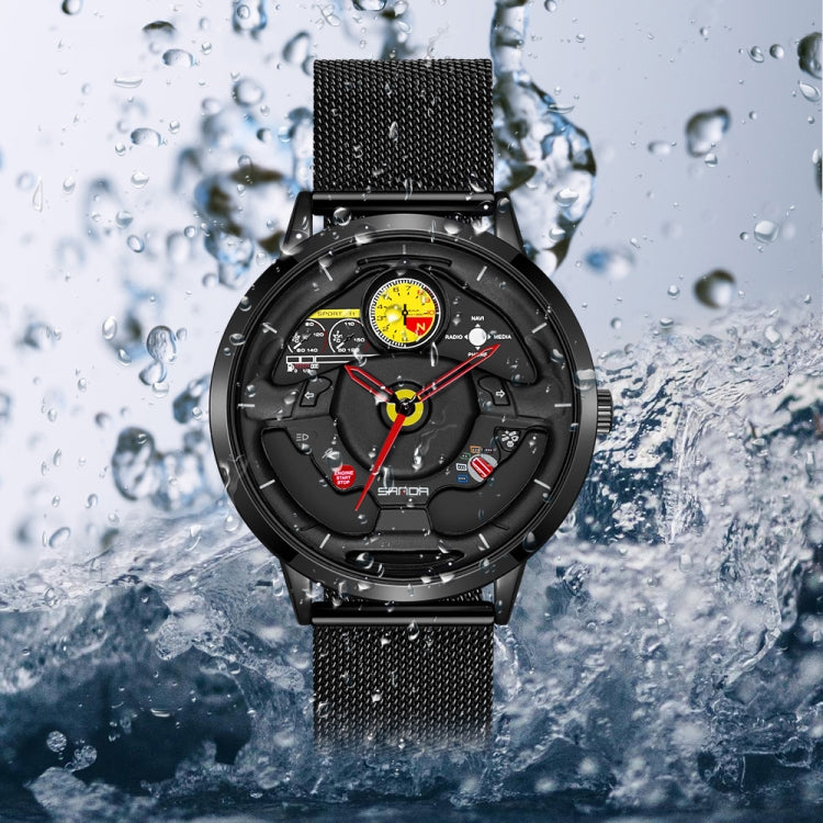 SANDA 1085 Steering Wheel Hollow Dial Waterproof Quartz Watch, Style:Mesh Band(Black) - Metal Strap Watches by SANDA | Online Shopping South Africa | PMC Jewellery | Buy Now Pay Later Mobicred