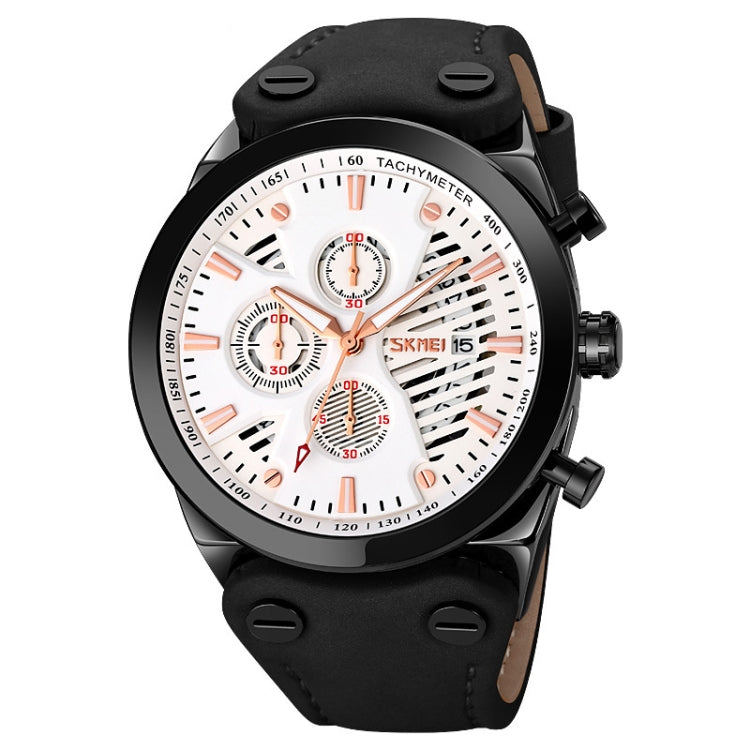 SKMEI 9282 Stainless Steel Buckle Leather Strap Waterproof Quartz Watch(Black Belt Silver Surface) - Leather Strap Watches by SKMEI | Online Shopping South Africa | PMC Jewellery | Buy Now Pay Later Mobicred