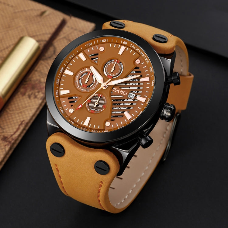 SKMEI 9282 Stainless Steel Buckle Leather Strap Waterproof Quartz Watch(Brown Belt Brown Surface) - Leather Strap Watches by SKMEI | Online Shopping South Africa | PMC Jewellery | Buy Now Pay Later Mobicred