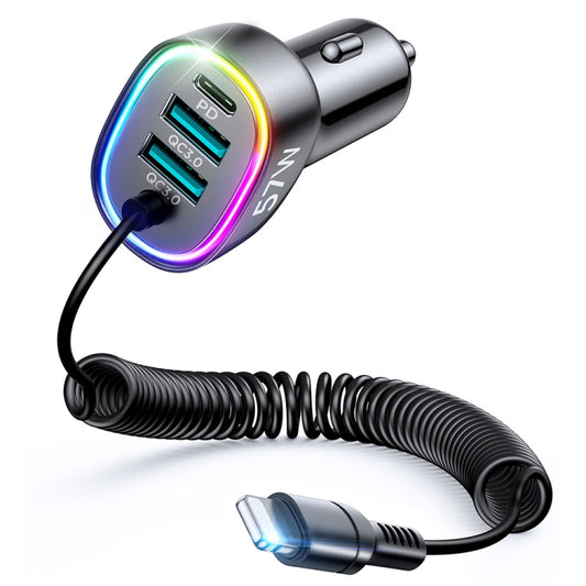 JOYROOM JR-CL20 57W 4 in 1 Car Charger with 8 Pin Coiled Data Cable(Black) - Car Charger by JOYROOM | Online Shopping South Africa | PMC Jewellery