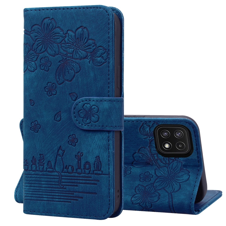 For Samsung Galaxy A22 5G / A22s 5G Cartoon Sakura Cat Embossed Leather Phone Case(Royal Blue) - free shipping - PMC TechLife - Order now!