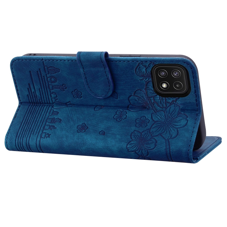 For Samsung Galaxy A22 5G / A22s 5G Cartoon Sakura Cat Embossed Leather Phone Case(Royal Blue) - free shipping - PMC TechLife - Order now!