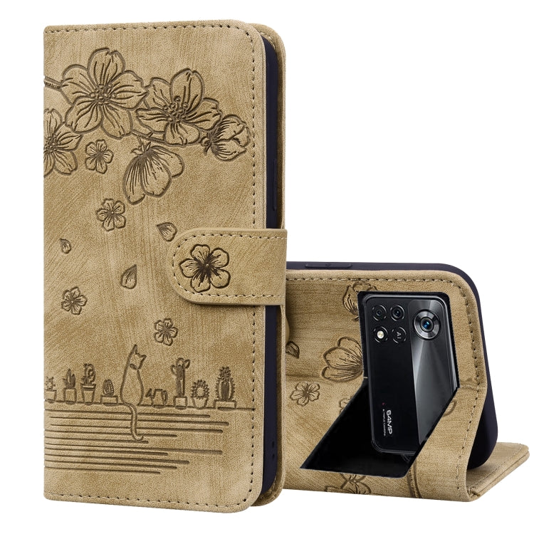 For Xiaomi Poco M4 Pro 4G Global Cartoon Sakura Cat Embossed Leather Phone Case(Brown) - free shipping - PMC TechLife - Order now!