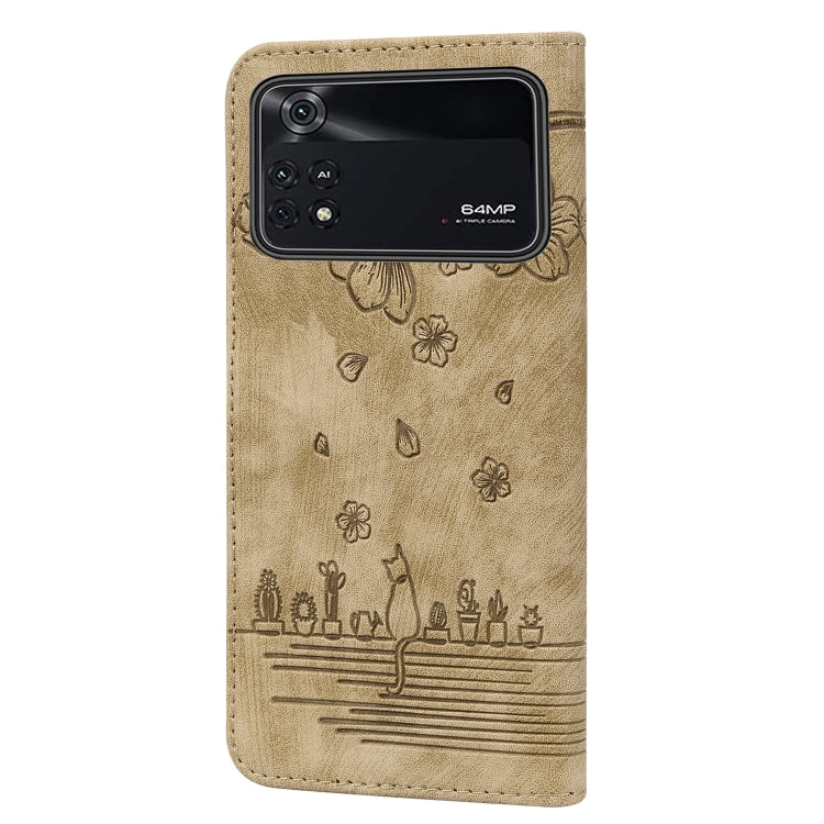 For Xiaomi Poco M4 Pro 4G Global Cartoon Sakura Cat Embossed Leather Phone Case(Brown) - free shipping - PMC TechLife - Order now!