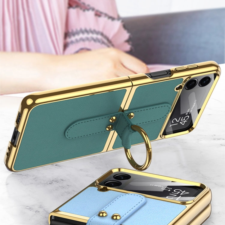 For Samsung Galaxy Z Flip4 GKK Plating + Leather Phone Case with Ring & Strap(Blue) - Galaxy Z Flip4 5G Cases by GKK | Online Shopping South Africa | PMC Jewellery