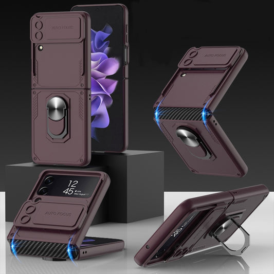 For Samsung Galaxy Z Flip4 GKK Carbon Brazing Pattern Shockproof Armor PC Phone Case with Ring Holder(Wine Red) - Galaxy Z Flip4 5G Cases by GKK | Online Shopping South Africa | PMC Jewellery