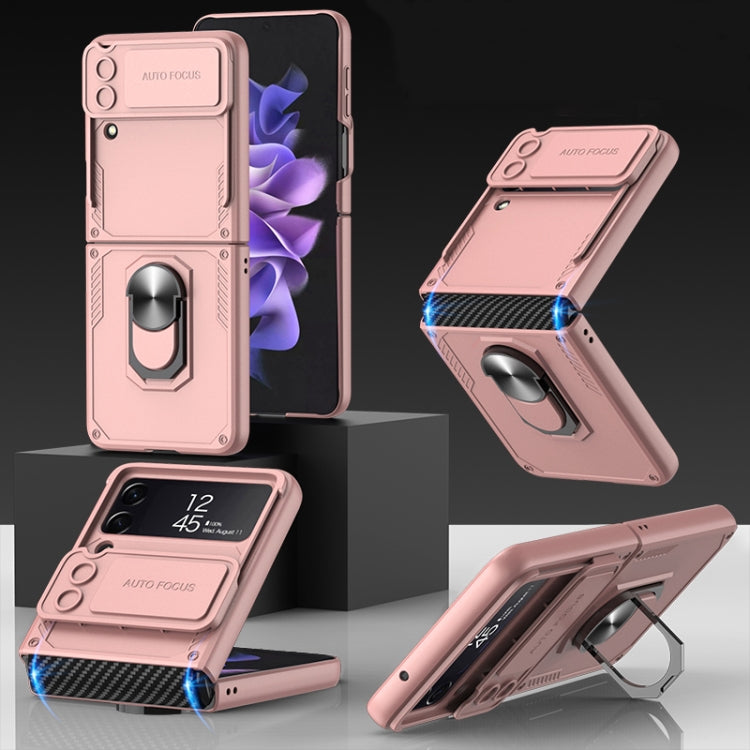 For Samsung Galaxy Z Flip4 GKK Carbon Brazing Pattern Shockproof Armor PC Phone Case with Ring Holder(Pink) - Galaxy Z Flip4 5G Cases by GKK | Online Shopping South Africa | PMC Jewellery