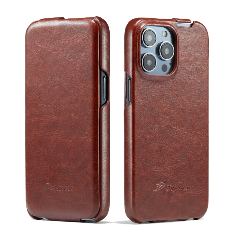 For iPhone 14 Pro Max Fierre Shann Oil Wax Texture Vertical Flip PU Phone Case (Brown) - iPhone 14 Pro Max Cases by FIERRE SHANN | Online Shopping South Africa | PMC TechLife