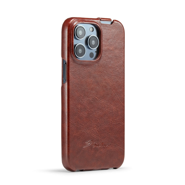 For iPhone 14 Pro Max Fierre Shann Oil Wax Texture Vertical Flip PU Phone Case (Brown) - iPhone 14 Pro Max Cases by FIERRE SHANN | Online Shopping South Africa | PMC TechLife